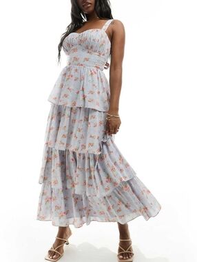 M • Abercrombie & Fitch • Tiered Maxi Dress With Lace Up Back In Blue Floral